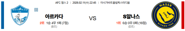 아르카다 대 알나스르 AFC챔피언스리그2 02월11일 맞대결 생중계, 스포츠중계, 스포츠분석
