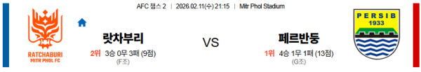 랏차부리 대 페르시브반둥 AFC챔피언스리그2 02월11일 맞대결 생중계, 스포츠중계, 스포츠분석