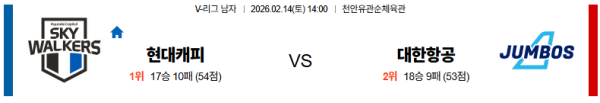현대캐피탈 대 대한항공 V리그 02월14일 맞대결 생중계, 스포츠중계, 스포츠분석