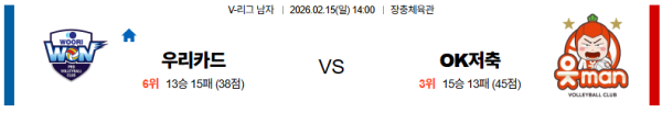 우리카드 대 OK저축은행 V리그 02월15일 맞대결 생중계, 스포츠중계, 스포츠분석