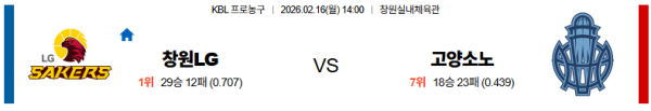 창원LG 대 고양소노 KBL 02월16일 맞대결 생중계, 스포츠중계, 스포츠분석