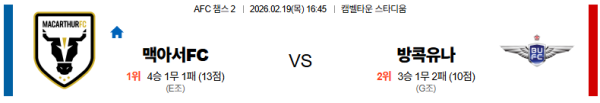 맥아서 대 방콕유나이티드 AFC챔피언스리그2 02월19일 맞대결 생중계, 스포츠중계, 스포츠분석