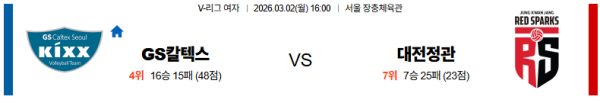 GS칼텍스 대 정관장 V리그(여) 03월02일 맞대결 생중계, 스포츠중계, 스포츠분석