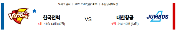 한국전력 대 대한항공 V리그 03월02일 맞대결 생중계, 스포츠중계, 스포츠분석