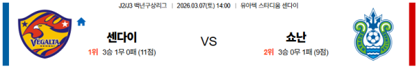 베갈타 대 쇼난 J리그2 03월07일 맞대결 생중계, 스포츠중계, 스포츠분석