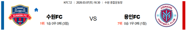 수원FC 대 용인 K리그2 03월07일 맞대결 생중계, 스포츠중계, 스포츠분석