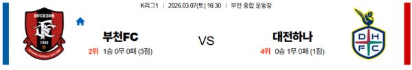 부천 대 대전 K리그1 03월07일 맞대결 생중계, 스포츠중계, 스포츠분석