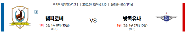 탐파인스 대 방콕유나이티드 AFC챔피언스리그2 03월12일 맞대결 생중계, 스포츠중계, 스포츠분석