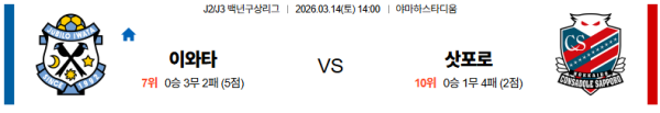 이와타 대 삿포로 J리그2 03월14일 맞대결 생중계, 스포츠중계, 스포츠분석