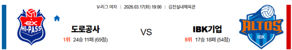 한국 대 도로공사 V리그(여) 03월17일 맞대결 생중계, 스포츠중계, 스포츠분석